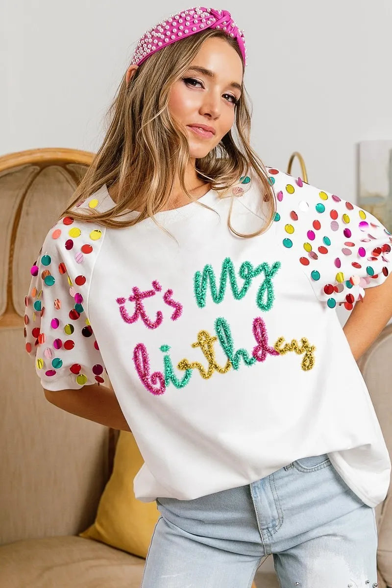 BiBi Metallic Letter Spangle Raglan Puff Sleeve Top Tops