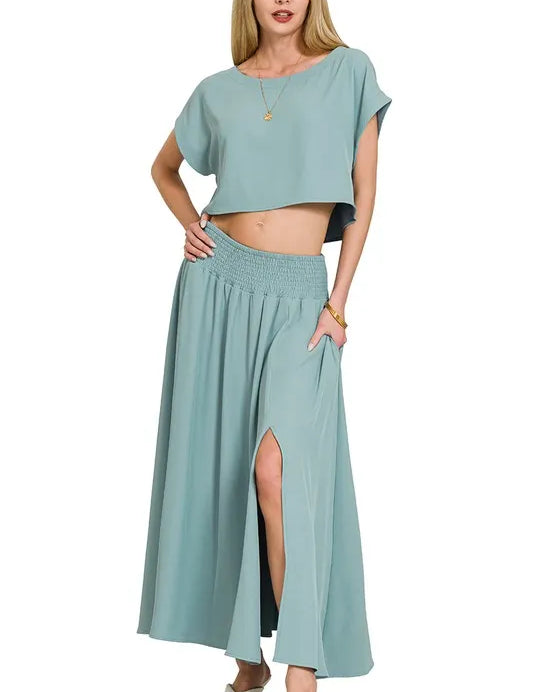 Zenana Heavy Woven Span Crop Tee & Skirt Set | Outfit Sets Daverri Fashions
