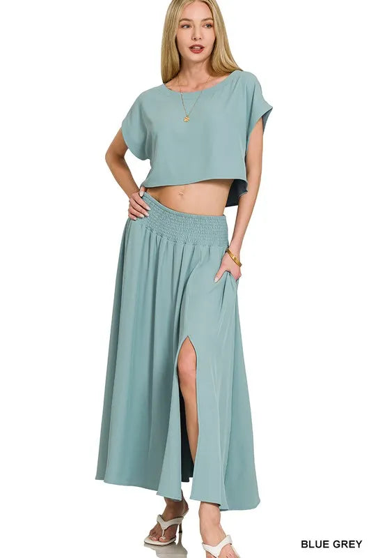 Zenana Heavy Woven Span Crop Tee & Skirt Set Outfit Sets