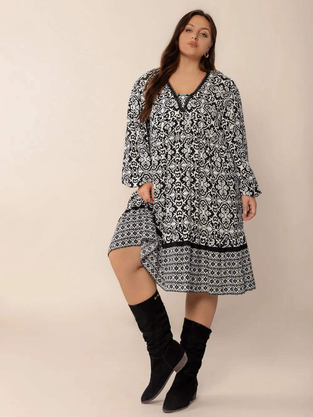 Plus Size Lace Detail Printed Balloon Sleeve Dress | Daverri Fashions