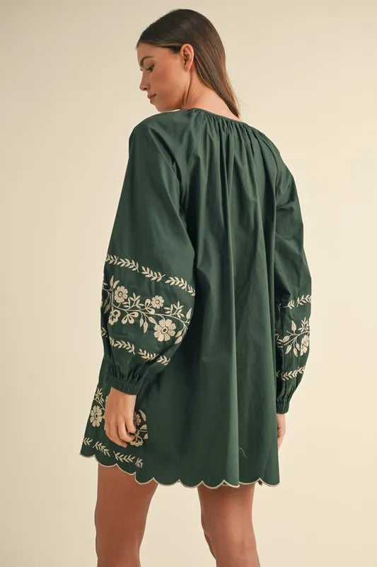 MABLE Embroidered Long Sleeve Peasant Mini Dress