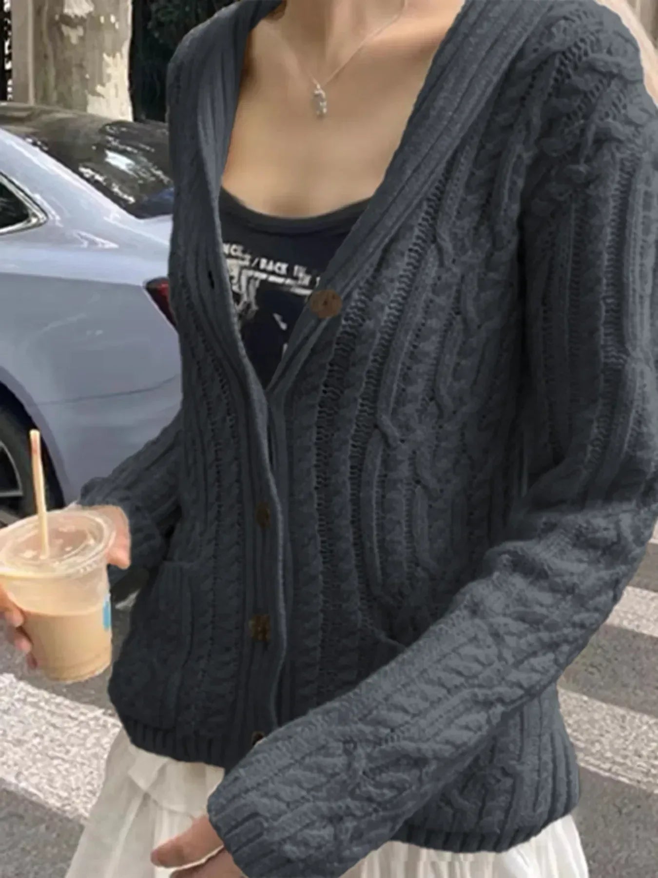 Cable Knit Button Up Cardigan - DAVERRI FASHIONS