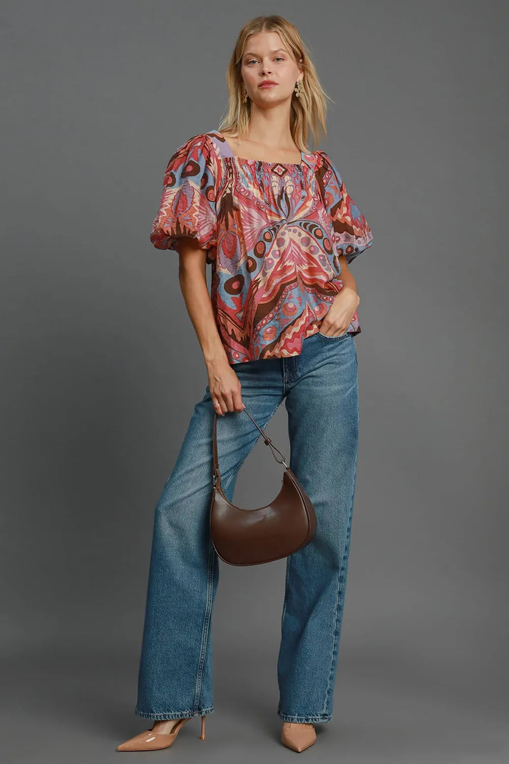 Umgee Full Size Abstract Print Smocked Square Neck Puff Sleeve Blouse | Blouses Daverri Fashions