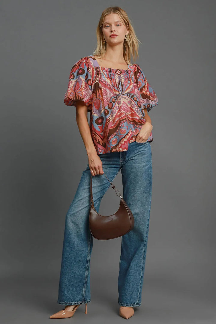 Umgee Full Size Abstract Print Smocked Square Neck Puff Sleeve Blouse | Blouses Daverri Fashions