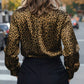 Sleek leopard print button-up long sleeve satin blouse