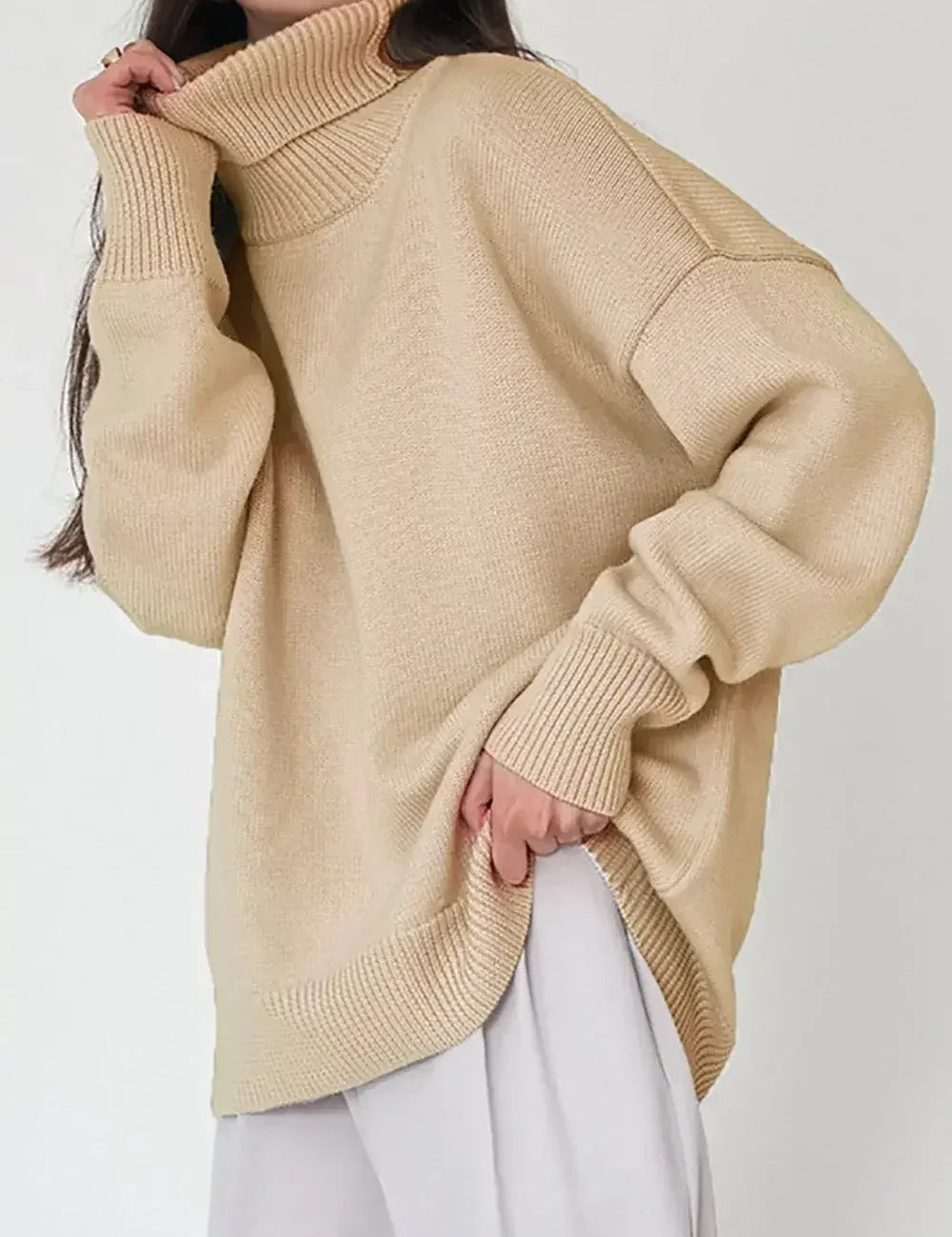 Daverri Fashions beige oversized dropped shoulder turtleneck sweater