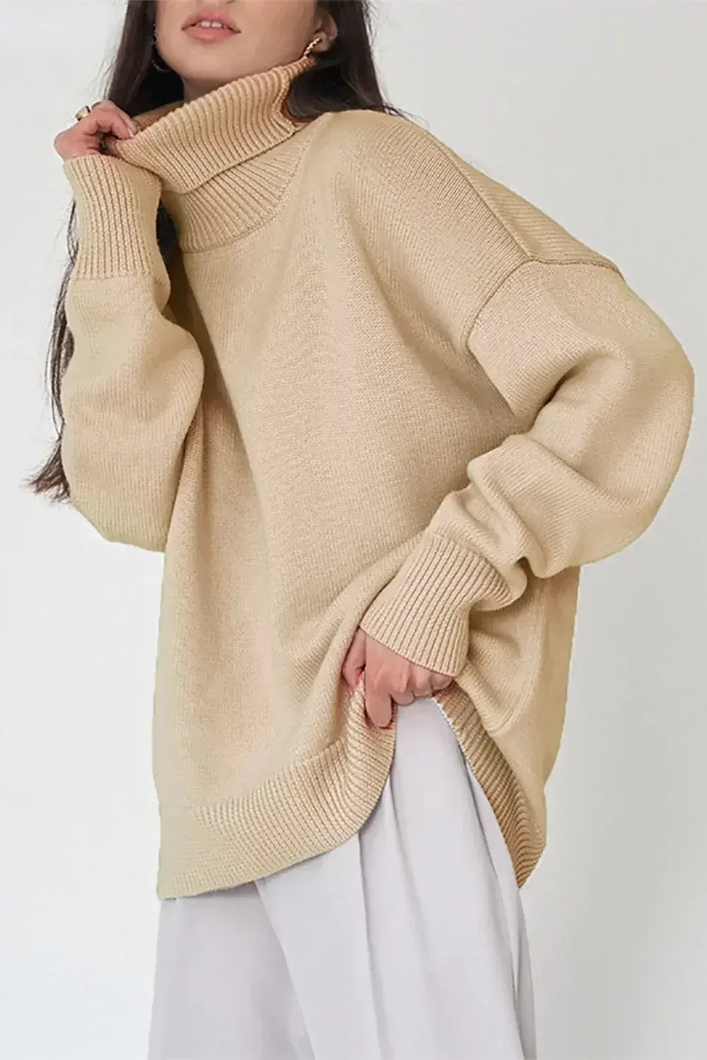 Daverri Fashions beige oversized dropped shoulder turtleneck sweater