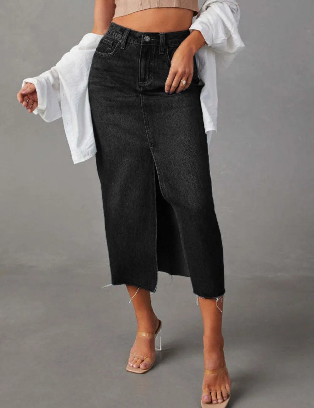 Dark Raw Hem Front Slit Denim Midi Skirt | Skirt Daverri Fashions