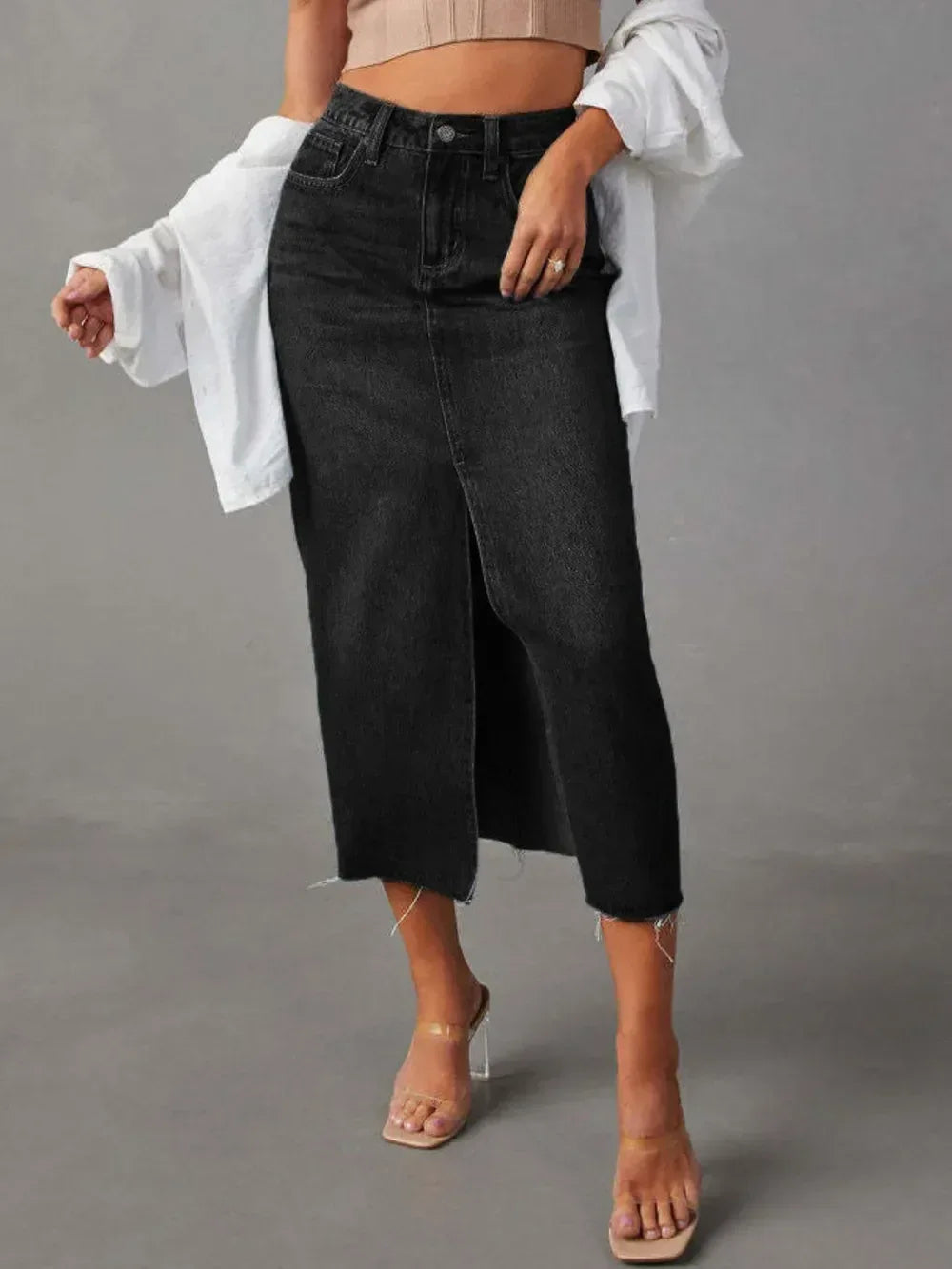 Raw Hem Front Slit Denim Midi Skirt - DAVERRI FASHIONS