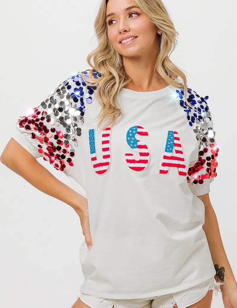 OFF WHITE BiBi American Flag Theme Sequin Top | Tops Daverri Fashions