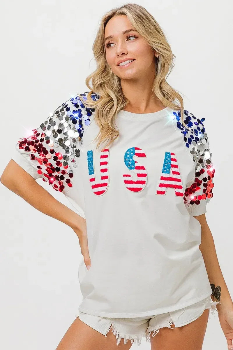 BiBi American Flag Theme Sequin Top - DAVERRI FASHIONS