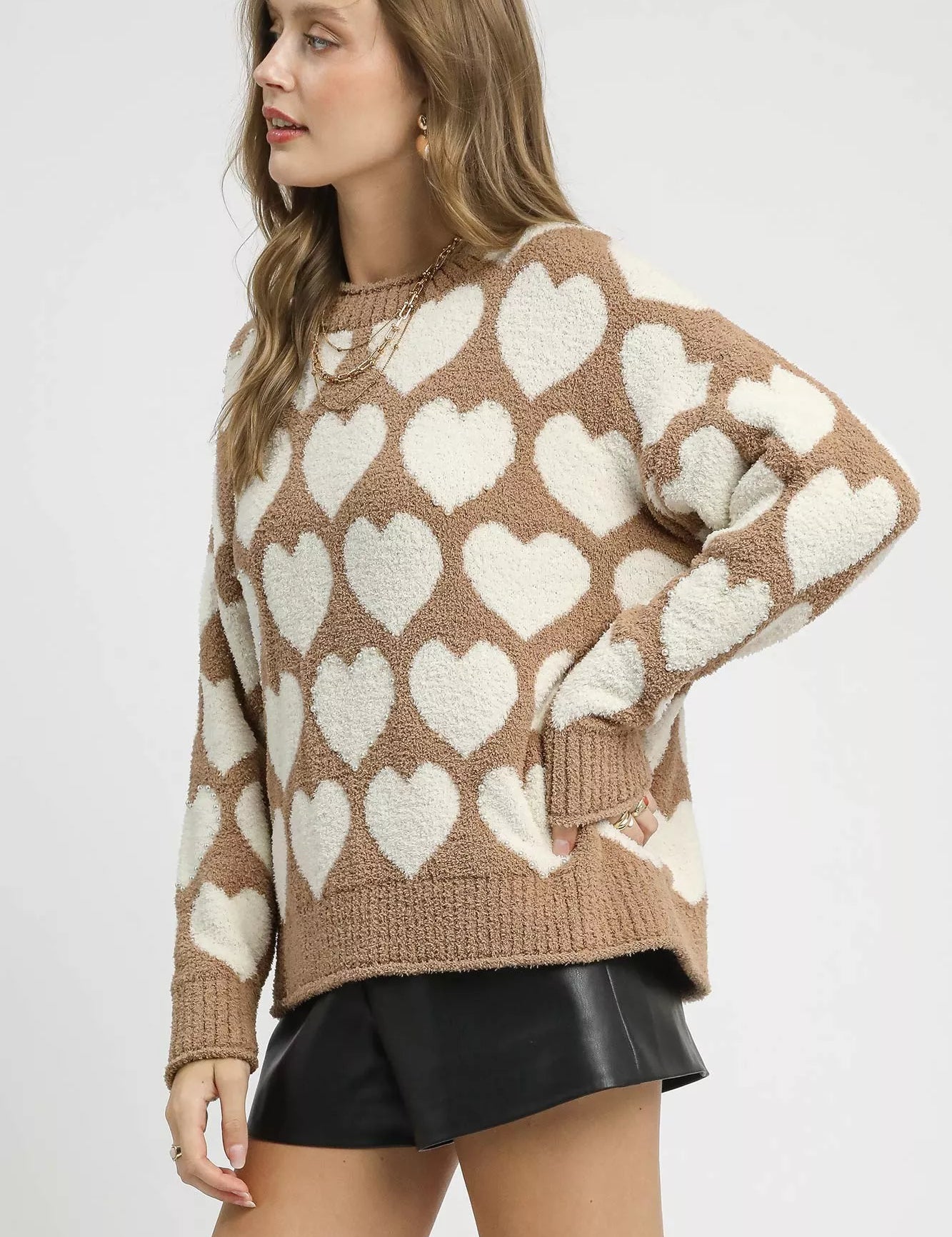 Umgee Mix Heart Pattern Pearl Accent Sweater | Sweaters Daverri Fashions