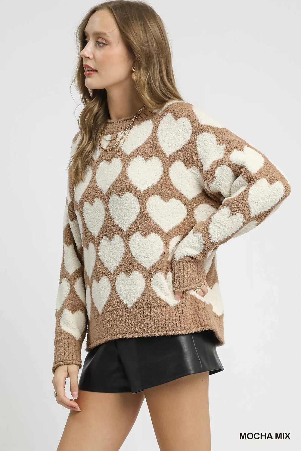 Umgee Mix Heart Pattern Pearl Accent Sweater | Sweaters Daverri Fashions