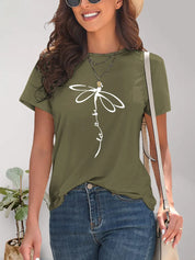 Olive green dragonfly print short sleeve round neck t-shirt