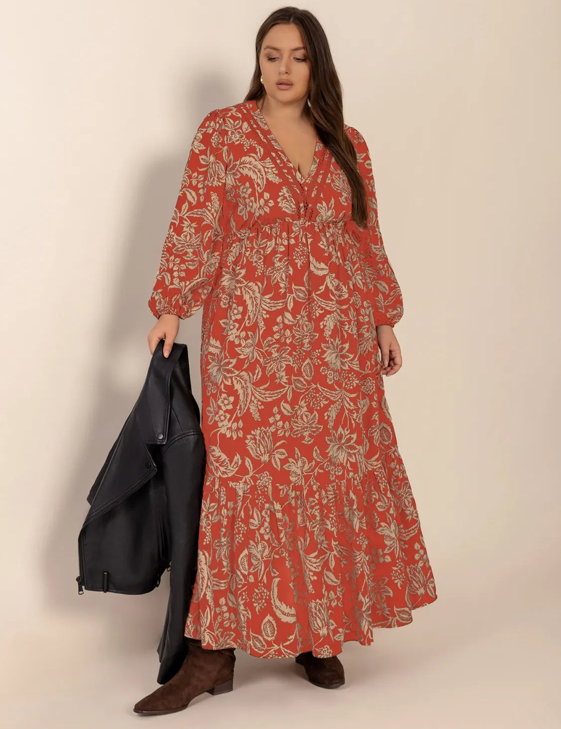Orange-Red Plus Size Lace Detail Printed Balloon Sleeve Midi Dress | Daverri Fashions