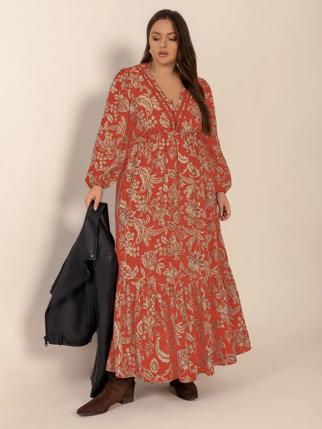 Orange-Red Plus Size Lace Detail Printed Balloon Sleeve Midi Dress | Daverri Fashions