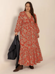 Orange-Red Plus Size Lace Detail Printed Balloon Sleeve Midi Dress | Daverri Fashions