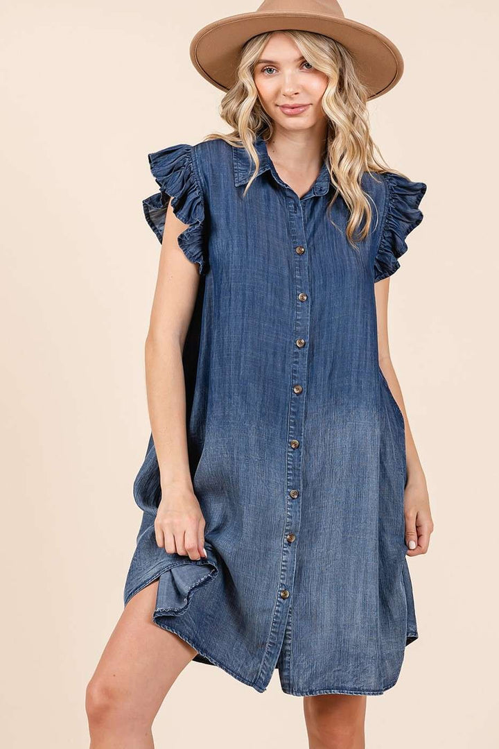 Mittoshop Washed Chambray Ruffle Sleeve Buttoned Mini Dress Dark L Mini Dresses