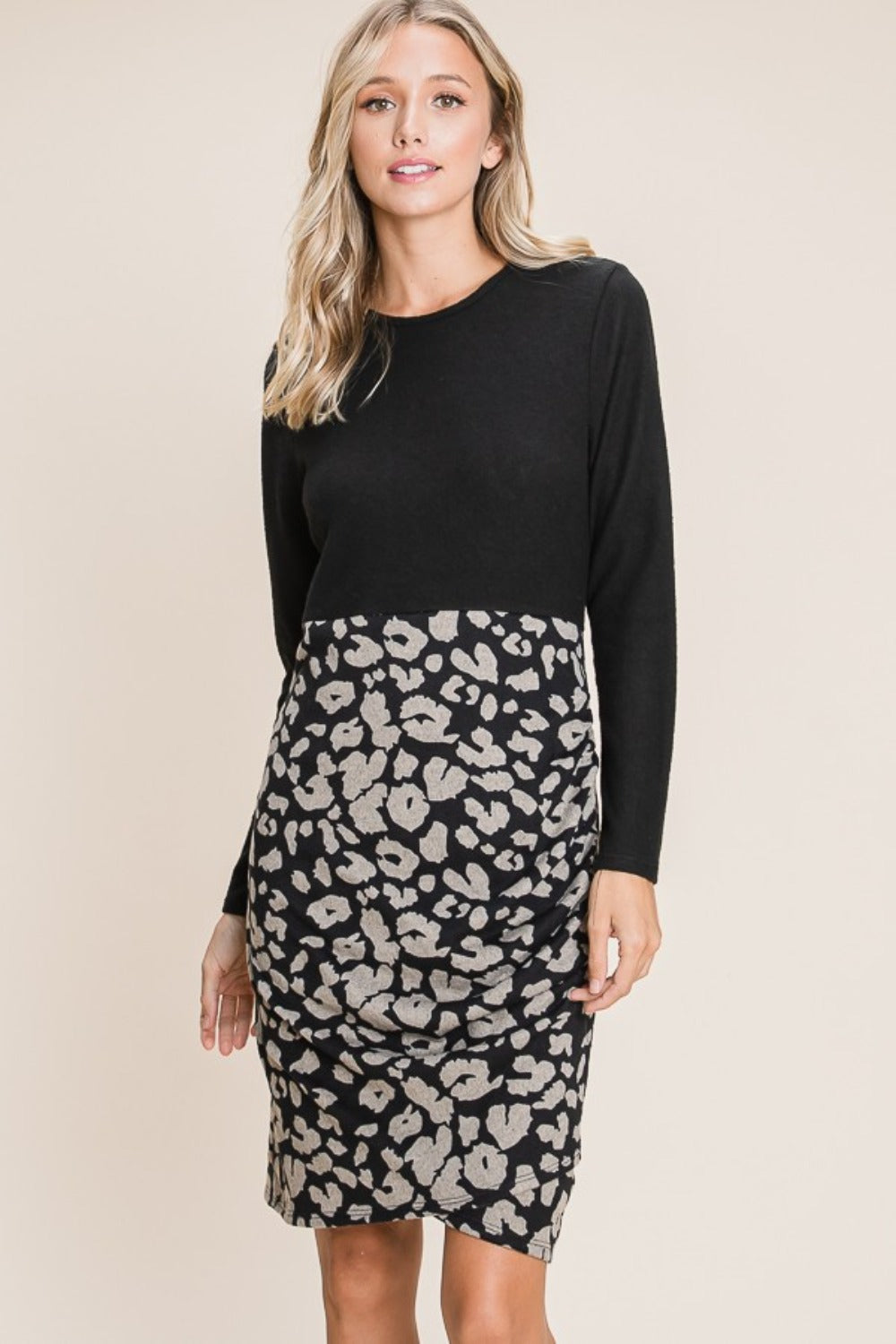 BOMBOM Leopard Color Block Knit Dress Black