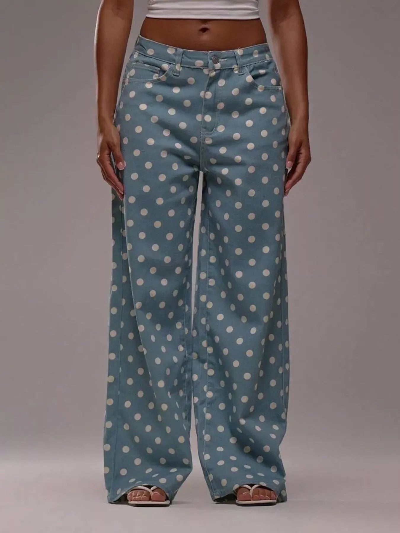 Daverri polka dot wide leg jeans in teal denim with white dots