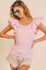 BiBi Wide Layered Ruffle Sleeve Scoop Neck Ribbed Top | Tops Daverri Fashions