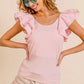 BiBi Wide Layered Ruffle Sleeve Scoop Neck Ribbed Top Tops
