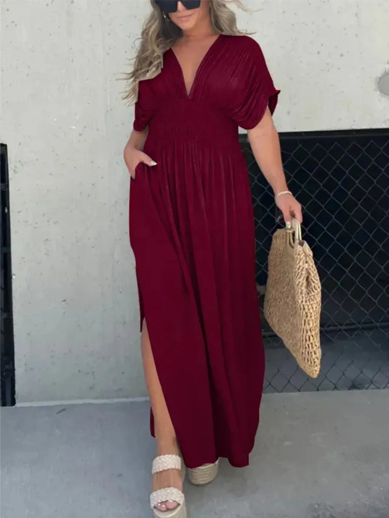 Daverri Fashions deep red V-neck maxi dress with flutter sleeves and side slit