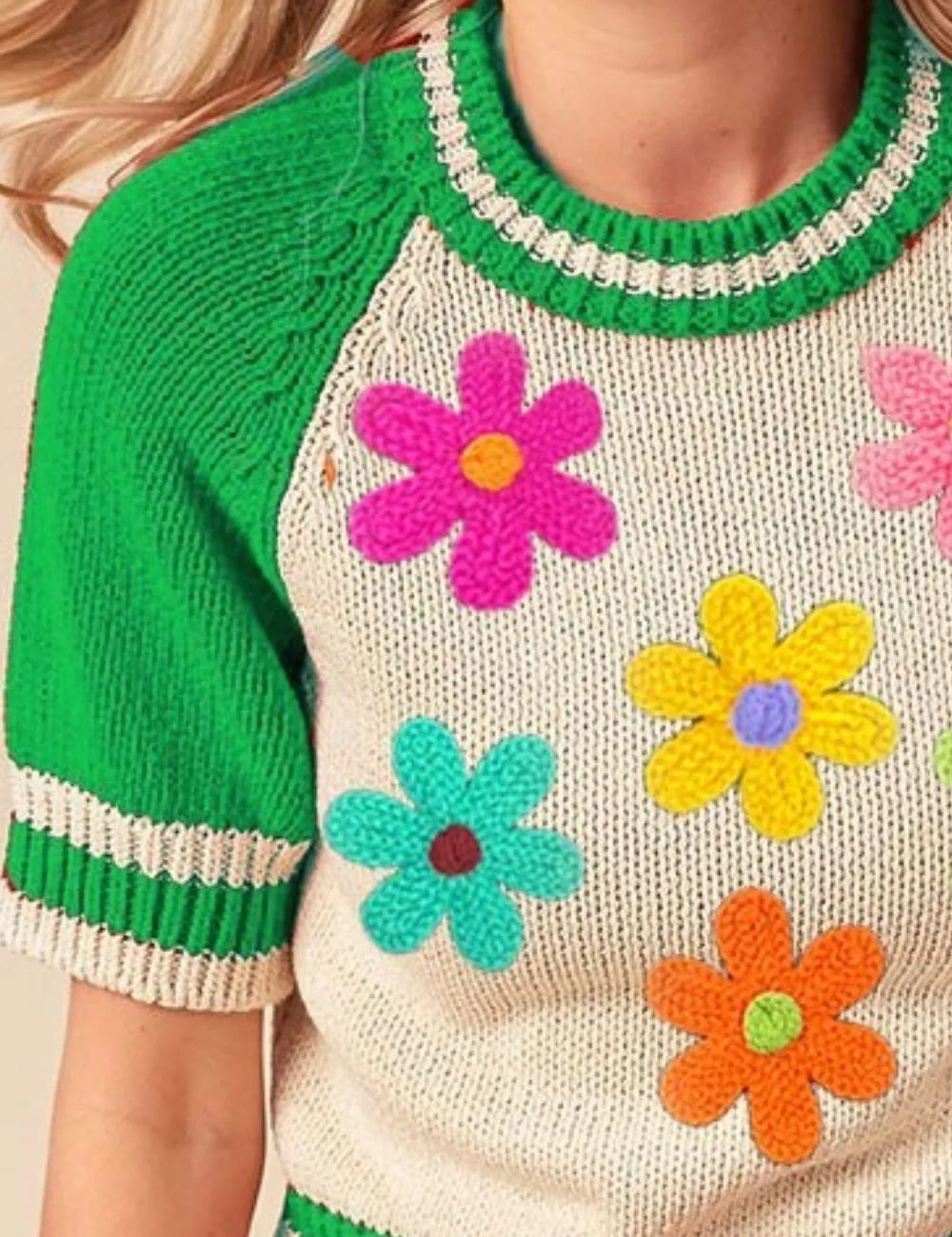 BiBi Crochet Flower Patches Striped Rib Band Sweater | Sweaters Daverri Fashions