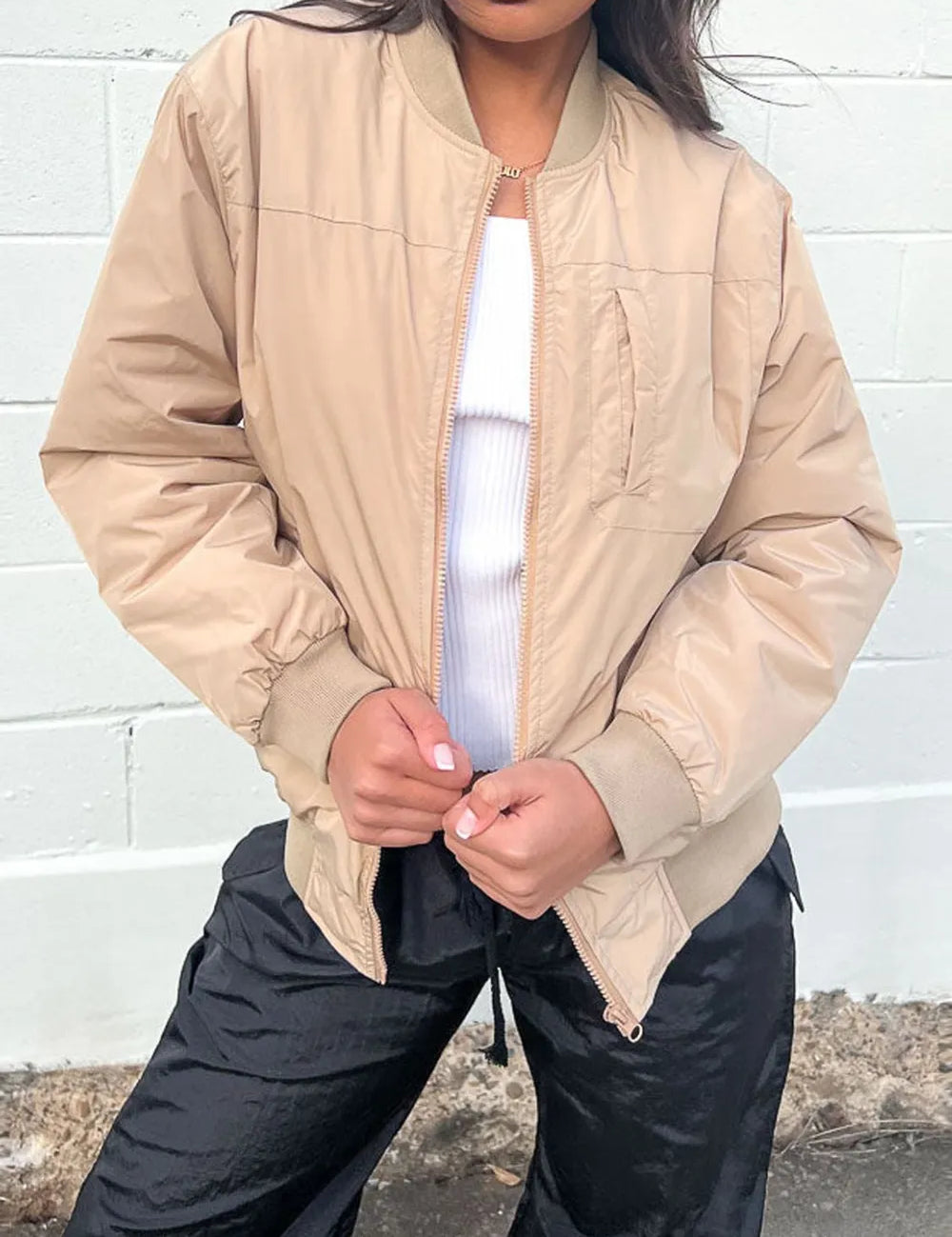 Tan Zip Up Baseball Collar Jacket with Pockets | Jackets Daverri Fashions