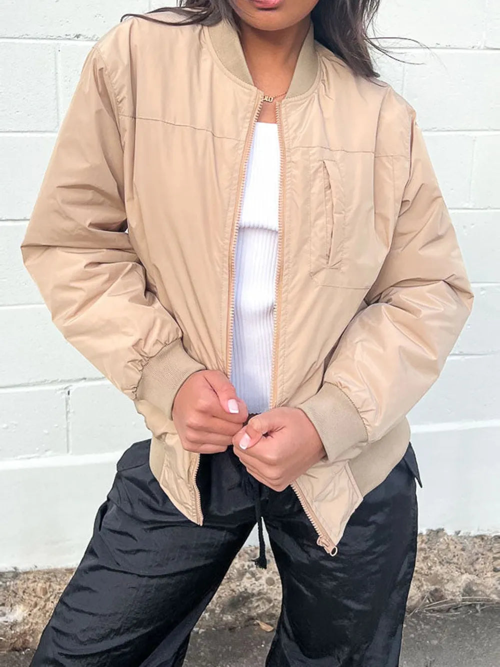 Tan Zip Up Baseball Collar Jacket with Pockets | Jackets Daverri Fashions