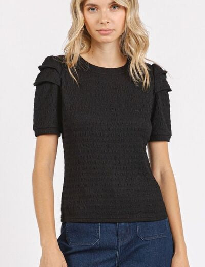 Mittoshop Textured Round Neck Short Sleeve Blouse Black S Blouses