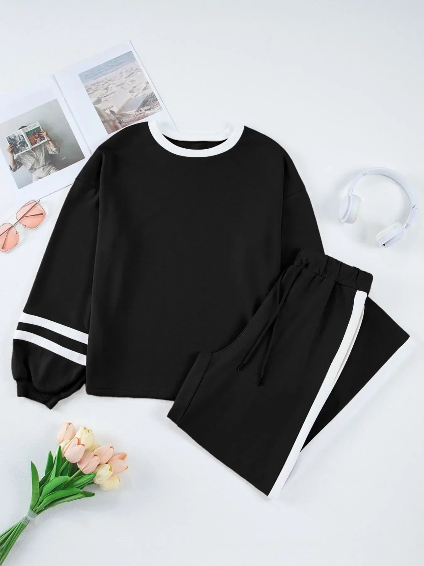 Daverri Fashions black white striped cotton tracksuit set