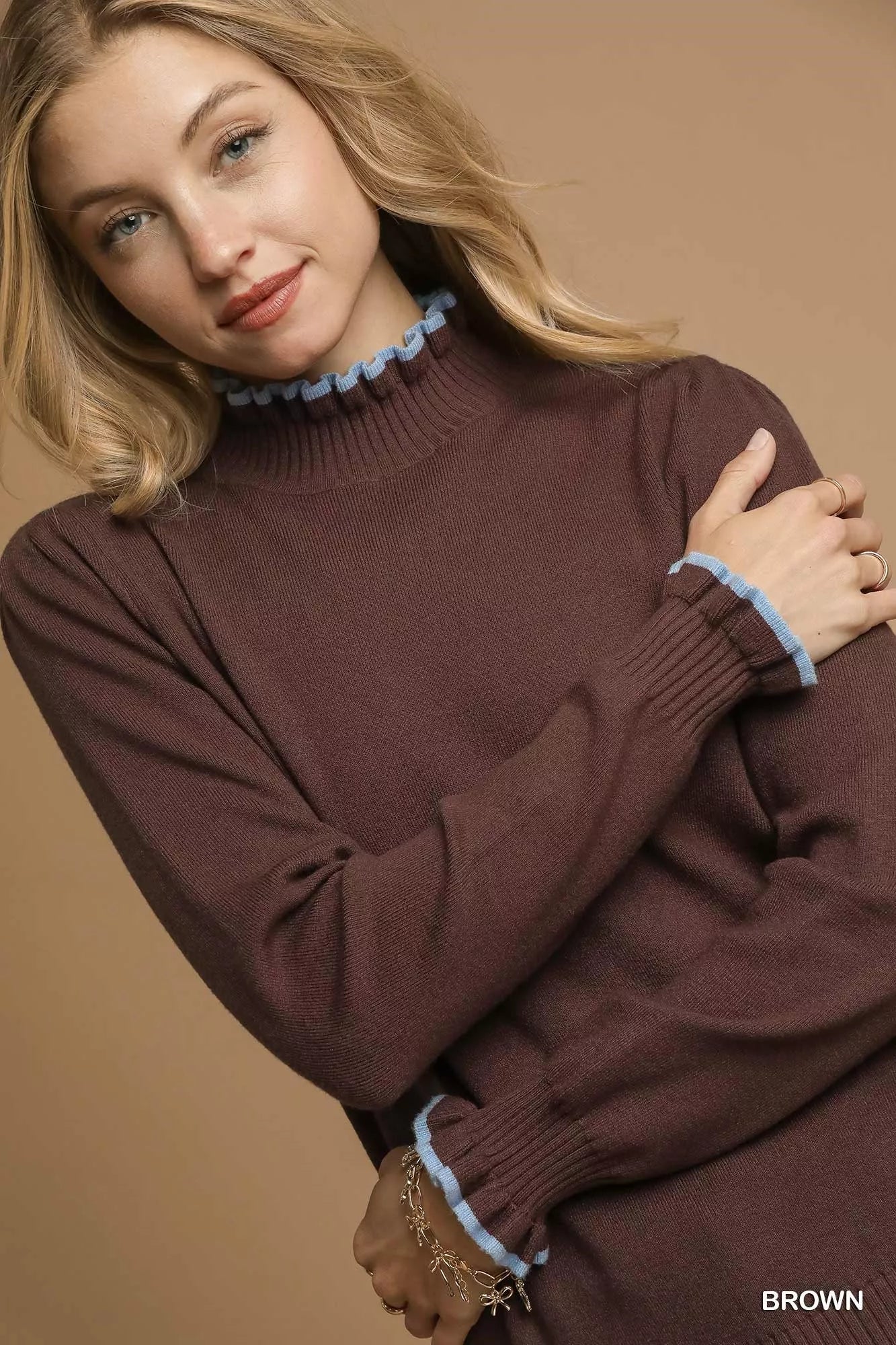 Umgee Ribbed Round Neck Sweater with Ruffle Contrast Trim | Sweaters Daverri Fashions