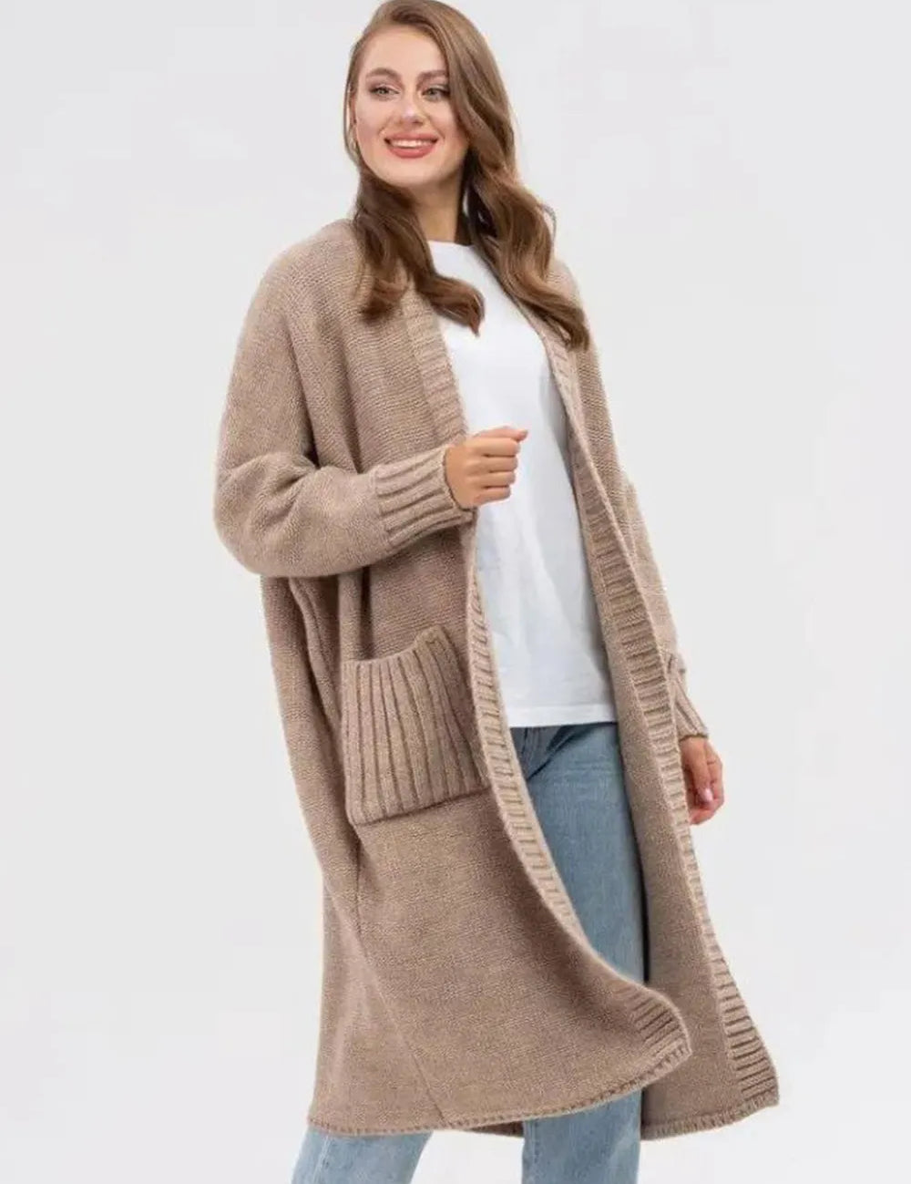 Khaki One Size Pocketed Open Front Long Sleeve Longline Cardigan | Cardigans Daverri Fashions