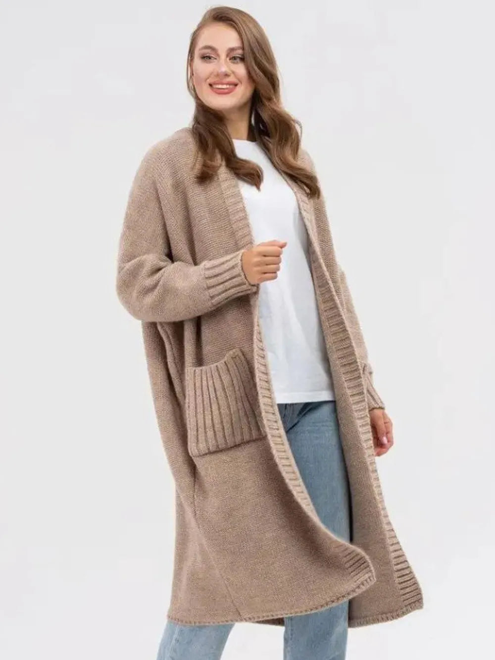 Khaki One Size Pocketed Open Front Long Sleeve Longline Cardigan | Cardigans Daverri Fashions