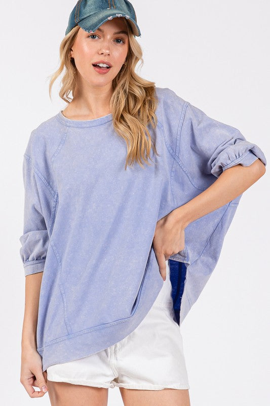 SAGE + FIG Mineral Washed Side Slit Round Neck Sweatshirt