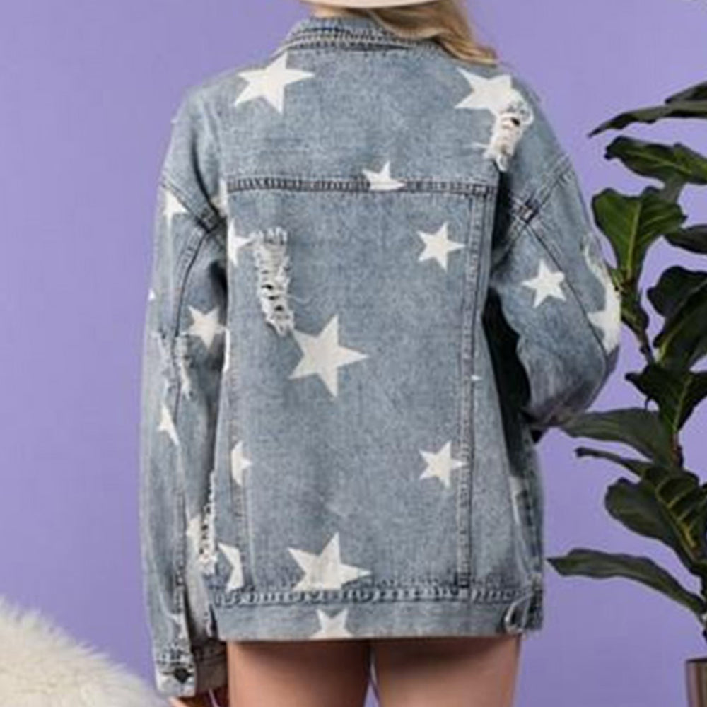 Star Distressed Denim Shacket | Shackets Daverri Fashions