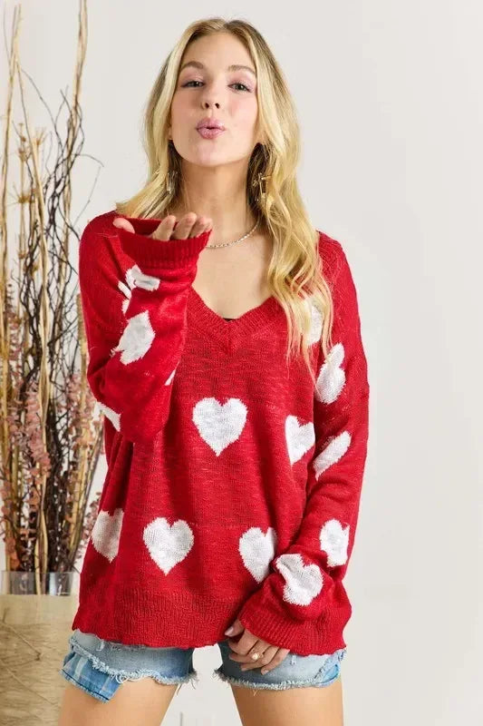 ADORA Plus Size Heart V-Neck Knit Top - DAVERRI FASHIONS