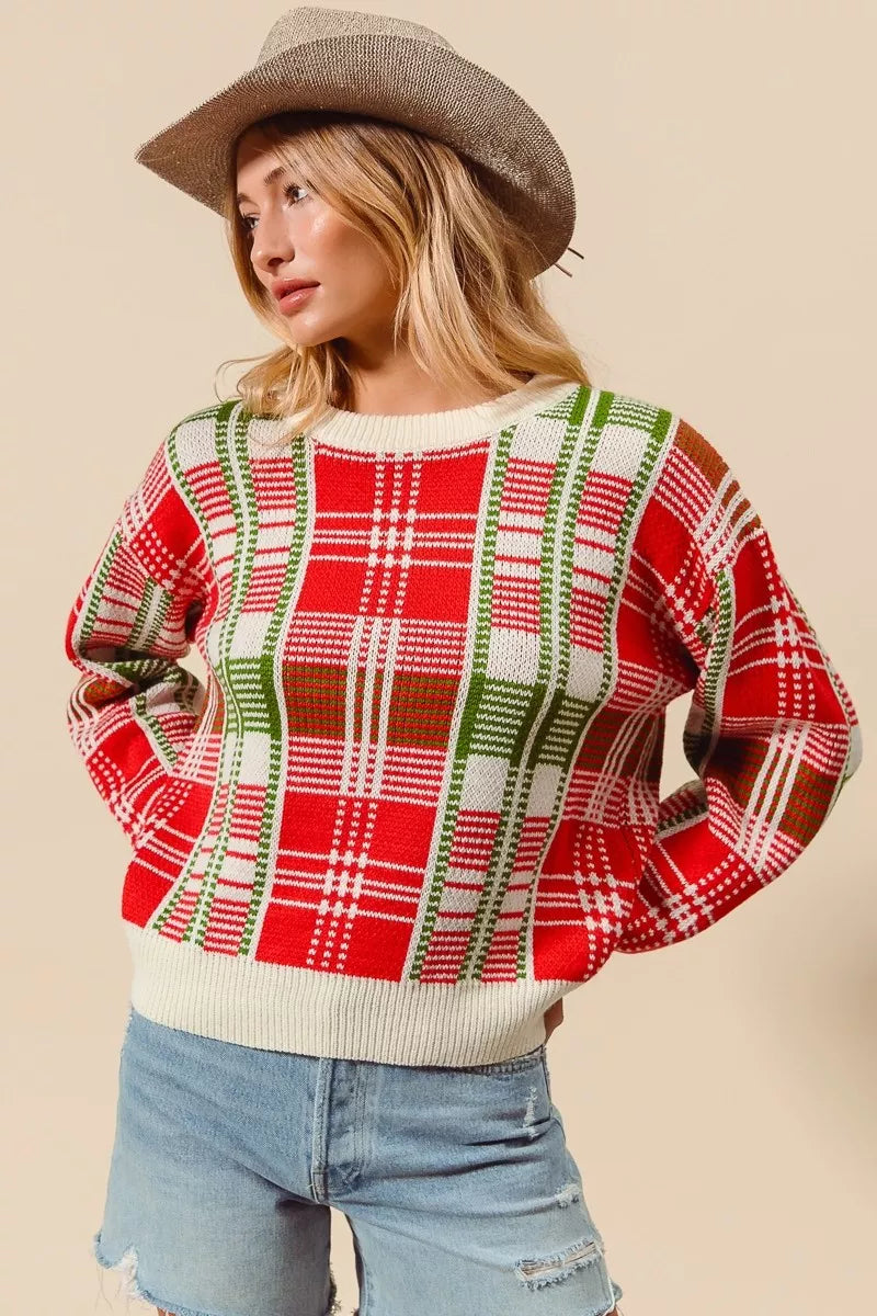 SO ME Christmas Color Checkered Plaid Crew Neck Sweater | Sweaters Daverri Fashions