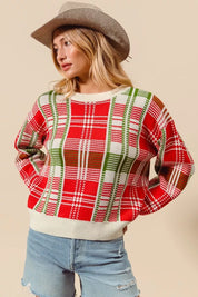 SO ME Christmas Color Checkered Plaid Crew Neck Sweater | Sweaters Daverri Fashions