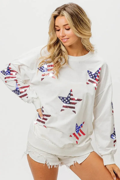 BiBi American Flag Sequin Star Sweatshirt - DAVERRI FASHIONS