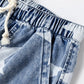 Blue and white geometric denim shorts with drawstring high waist