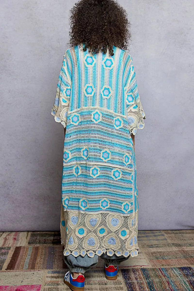 POL turquoise cream floral crochet longline cardigan