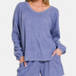 Zenana V-Neck Long Sleeve Ribbed Top and Shorts Set Blue Purple Short Sets
