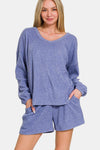 Zenana V-Neck Long Sleeve Ribbed Top and Shorts Set - DAVERRI FASHIONS