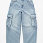 Vintage Wash Wide Leg Cargo Jeans in light-wash denim with flap pockets