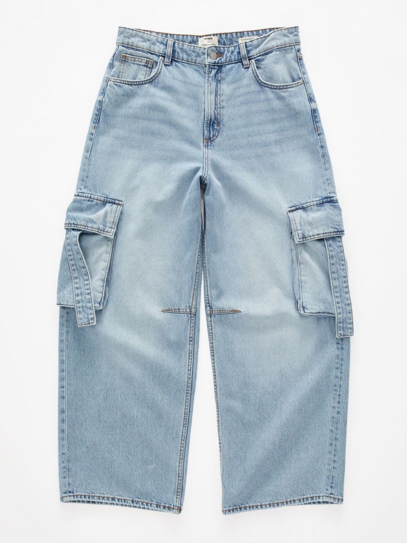 Vintage Wash Wide Leg Cargo Jeans in light-wash denim with flap pockets