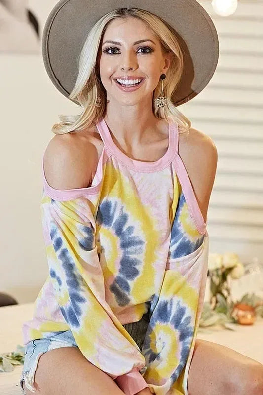 BiBi Tie Dye Print Terry Top with Cold Shoulder Detail - DAVERRI FASHIONS