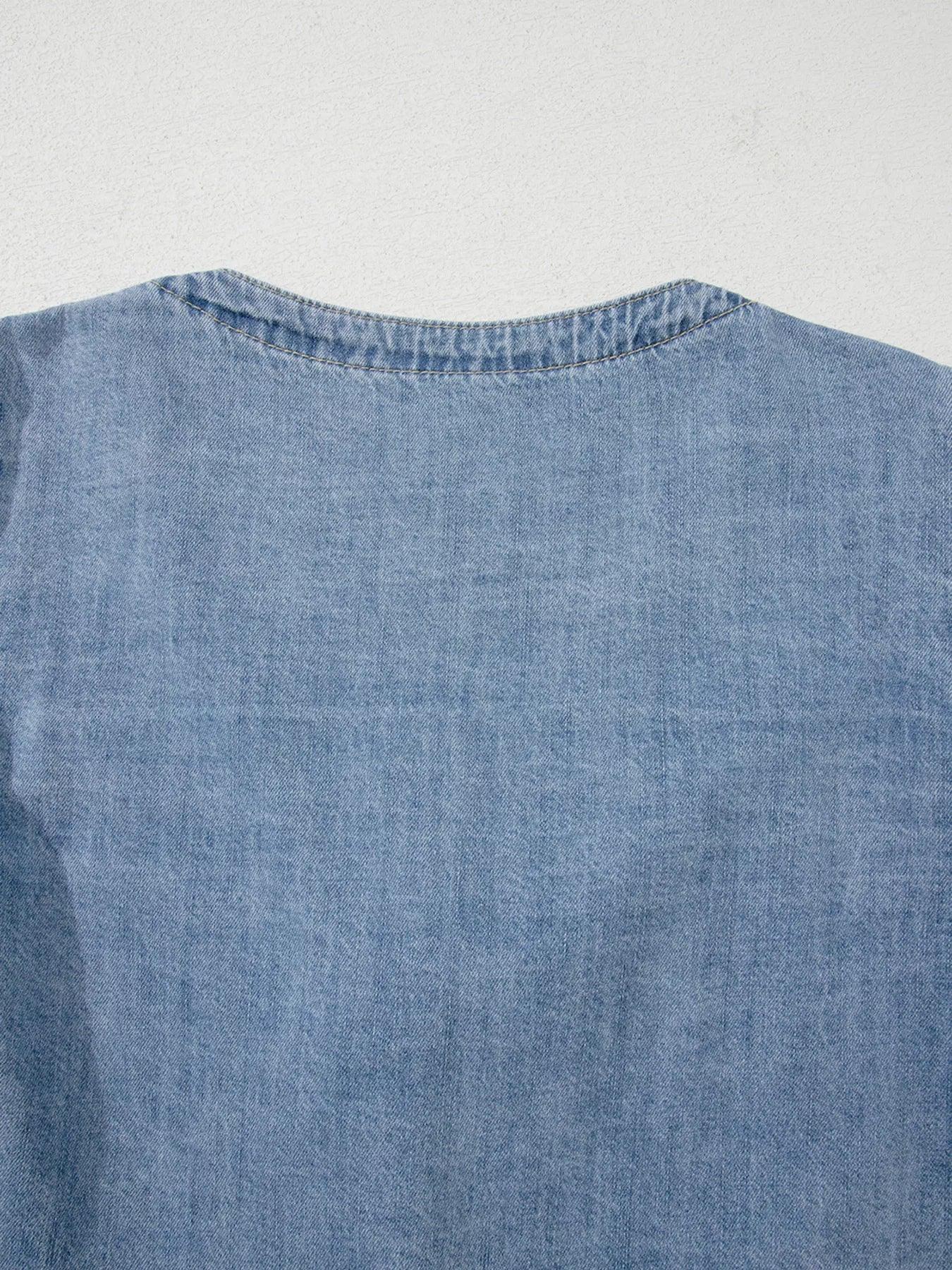 Tied Front Puff Sleeve Denim Top - DAVERRI FASHIONS