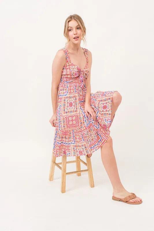 And The Why Tied Front Smocked Back Tiered Boho Printed Dress - DAVERRI FASHIONS